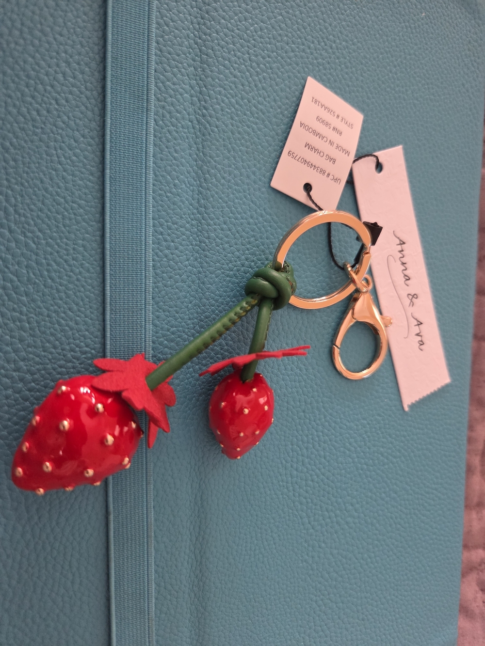 Anna & Ava Red Strawberry Keychain with Green Stem and Gold Hardware